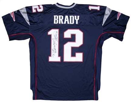 Tom Brady Signed & Inscribed New England Patriots Home Jersey Gifted To Curt Schilling (Letter of Provenance & Beckett) 